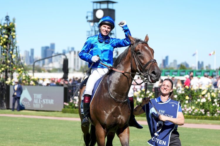 Tom Kitten ridden by Ben Melham returns after winning the The All-Star Mile at Flemington Racecourse on March 08, 2025 in Flemington, Australia. (Photo by Scott Barbour/Racing Photos)