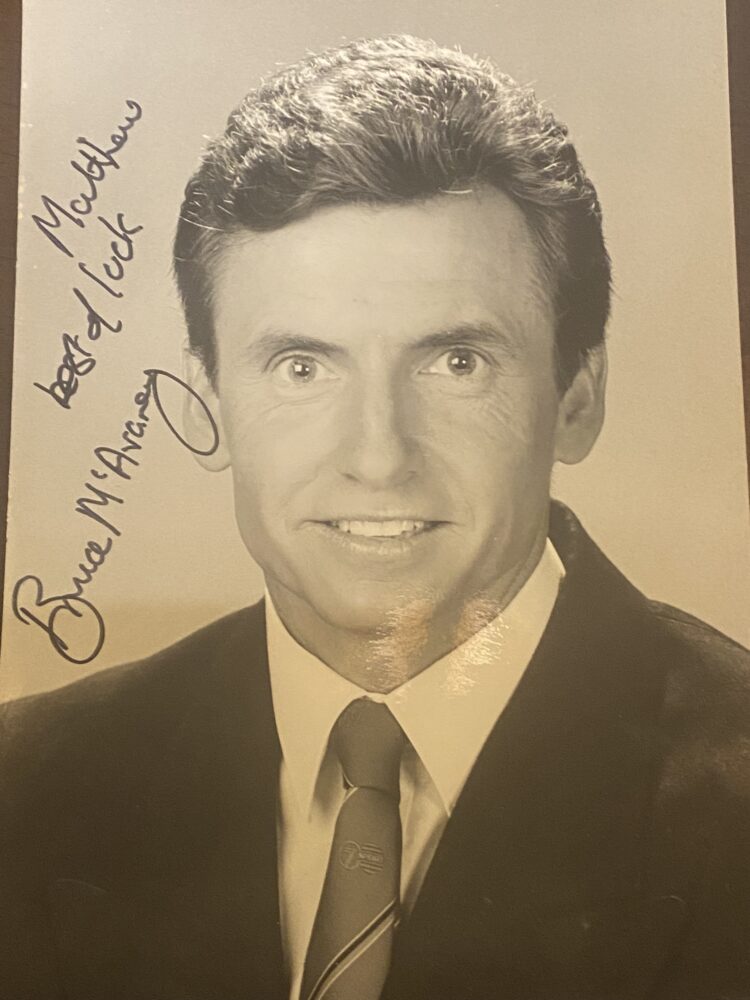 Bruce McAvaney signed a photo for race caller Matt Hill, when Hill was 10. 25 years later together they are covering some of the world's biggest sporting events.