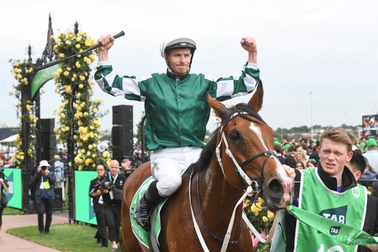 James McDonald returns to the mounting yard on Via Sistina (IRE) after winning the TAB Champions Stakes at Flemington Racecourse on November 09, 2024 in Flemington, Australia. (Photo by Brett Holburt/Racing Photos)