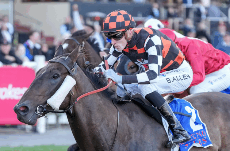 Baraqiel ridden by Ben Allen wins the Carlyon Stakes at Moonee Valley Racecourse on August 23, 2025  (Photo by George Sal/Racing Photos)
