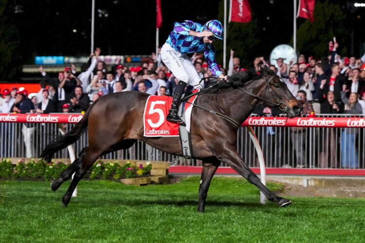Pride Of Jenni ridden by Declan Bates wins the Ladbrokes Feehan Stakes at Moonee Valley Racecourse on September 26, 2025 in Moonee Ponds, Australia. (Photo by George Sal/Racing Photos)