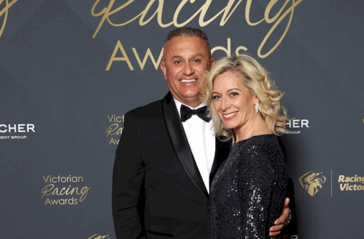 John and Steph Kanga at the 2025 Victorian Racing Awards at Plaza Ballroom on August 09, 2025 in Melbourne, Australia. (Photo by Dave Geraghty/Racing Photos)