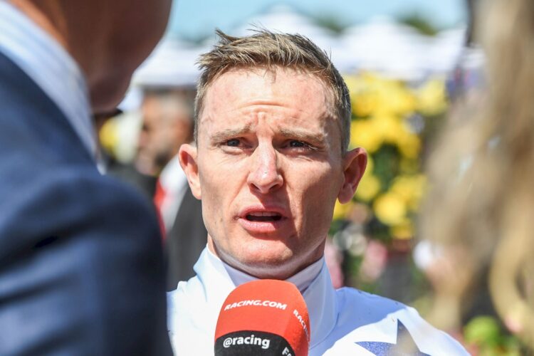 Zac Purton after winning the Darley Maribyrnong Plate (Photo by Brett Holburt/Racing Photos)