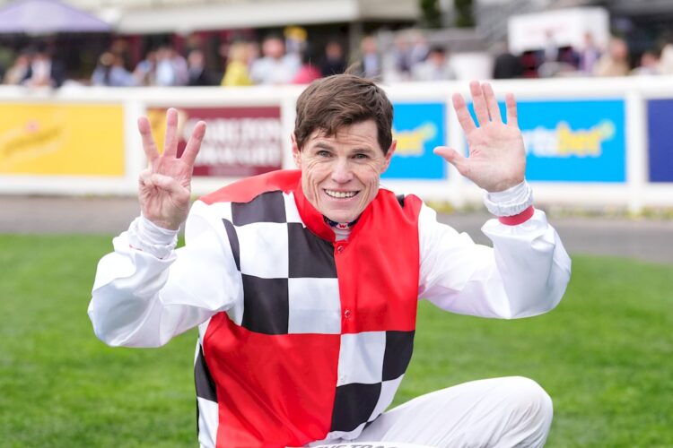 Craig Williams after Sepals won the Sportsbet Sir Rupert Clarke Stakes at Caulfield Racecourse on September 20, 2025 in Caulfield, Australia. (Photo by Scott Barbour/Racing Photos)