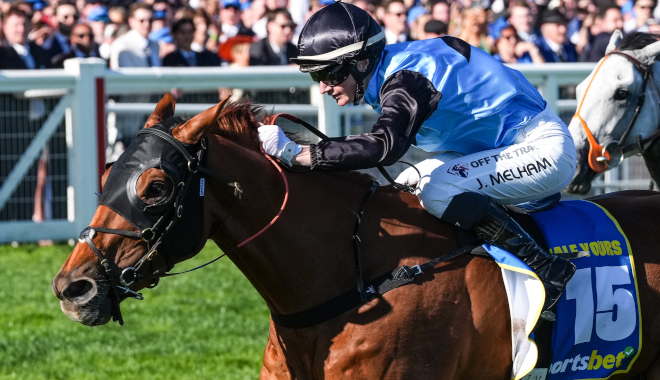 Half Yours and Jamie Melham hit the front in the Caulfield Cup. (Image: Racing Photos)