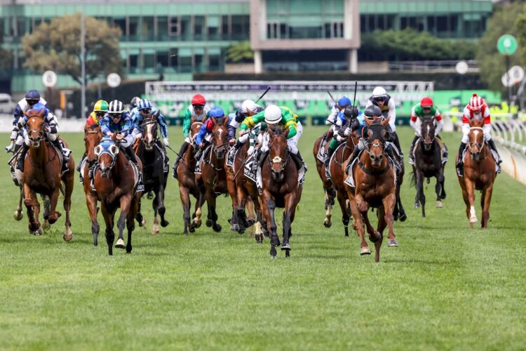Half Yours ridden by Jamie Melham wins the Lexus Melbourne Cup at Flemington Racecourse on November 04, 2025 in Flemington, Australia. (Photo by Dave Geraghty/Racing Photos)