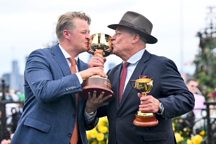 Tony and Calvin McEvoy after winning the Lexus Melbourne Cup with Half Yours at Flemington Racecourse on November 04, 2025 in Flemington, Australia. (Photo by Reg Ryan/Racing Photos)