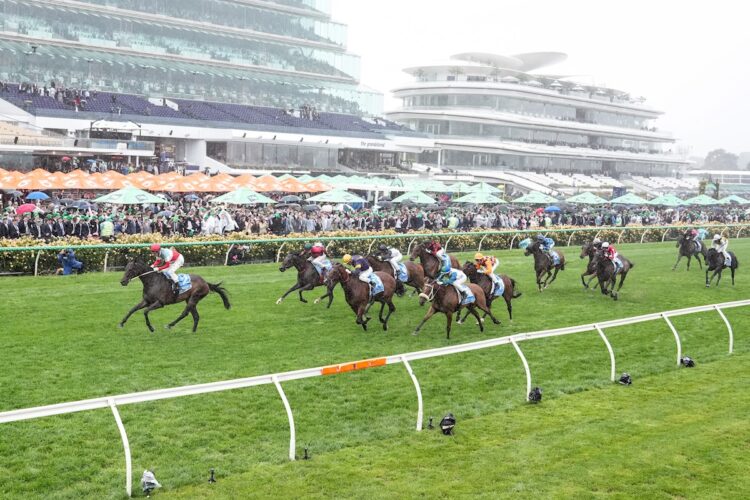 Sabaj ridden by Mark Zahra wins the Ronald McDonald House Charities Mile at Flemington Racecourse on November 08, 2025 in Flemington, Australia. (Photo by George Sal/Racing Photos)