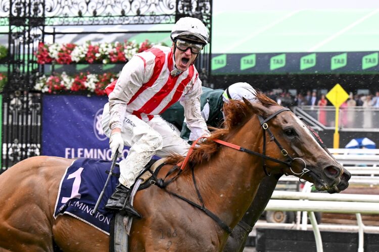 Giga Kick ridden by Mark Zahra wins the VRC Champions Sprint at Flemington Racecourse on November 08, 2025 in Flemington, Australia. (Photo by Pat Scala/Racing Photos)