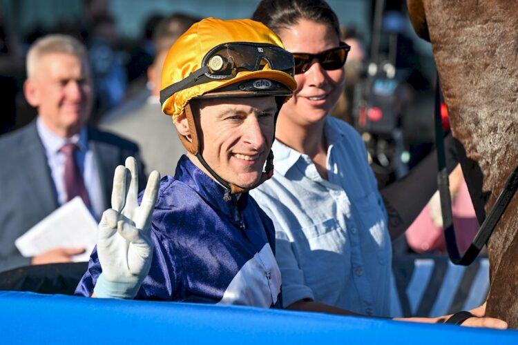 Blake Shinn after Abounding won the Sharp EIT Solutions Tristarc Stakes at Caulfield Racecourse on October 18, 2025 in Caulfield, Australia. (Photo by Reg Ryan/Racing Photos)