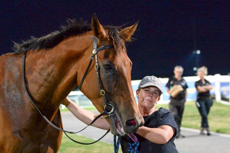 Rachael Frost with Mislead after winning the Hygain Tracktorque F&M BM64 Handicap at Sportsbet Pakenham on January 10, 2025 in Pakenham, Australia. (Photo by Ross Holburt/Racing Photos)