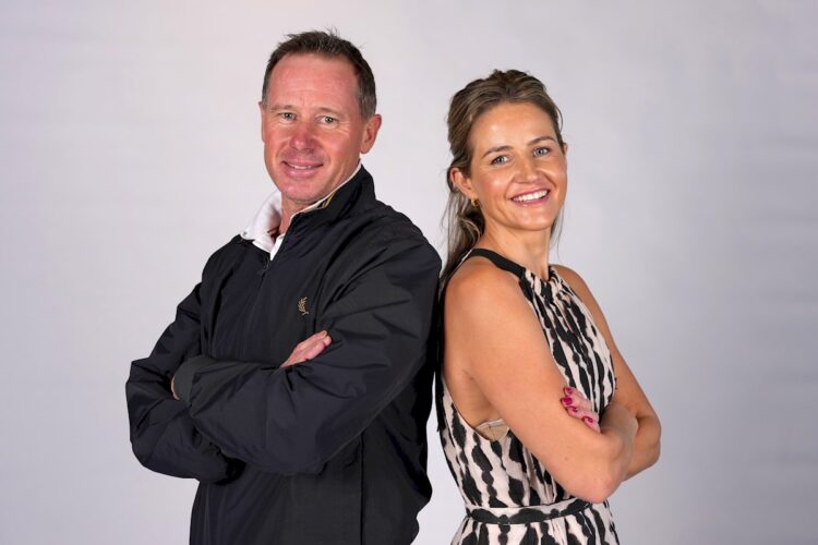 Patrick Payne and Michelle Payne are pictured during a photoshoot at Caulfield Racecourse on July 24, 2025 in Caulfield, Australia. (Photo by George Sal/Racing Photos)