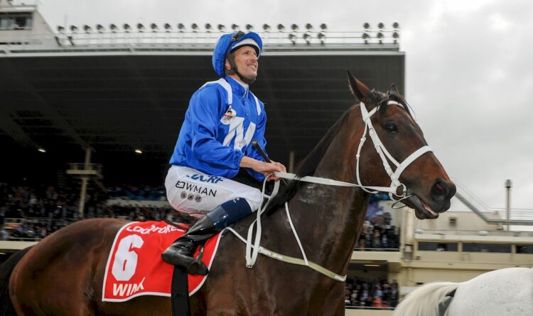 Winx ridden by Hugh Bowman wins the  Cox Plate at Moonee Valley Racecourse on October 27, 2018 in Moonee Ponds, Australia. (Brett Holburt/Racing Photos)