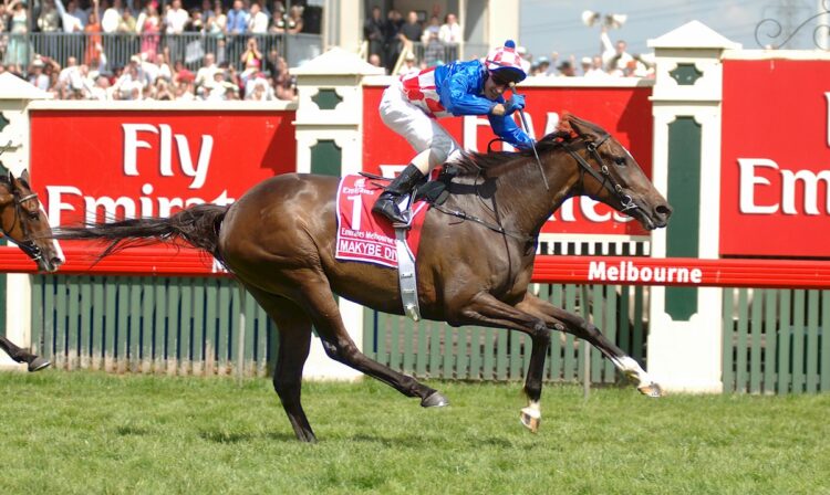 Makybe Diva ridden by Glen Boss wins the 2005 Melbourne Cup at Flemington Racecourse on Tuesday 1st November, 2005 (Racing Photos)