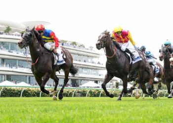Dirty Grin (NZ) ridden by Rhys McLeod wins the Rubaroc Handicap at Flemington Racecourse on February 28, 2026 in Flemington, Australia. (Photo by George Sal/Racing Photos)