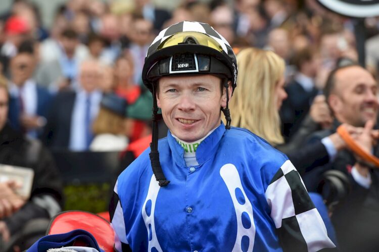 Jamie Spencer (GB) returns to the mounting yard with Chief Ironside (GB) after winning the Schweppes Crystal Mile at Moonee Valley Racecourse on October 26, 2019 in Moonee Ponds, Australia. (Brett Holburt/Racing Photos)