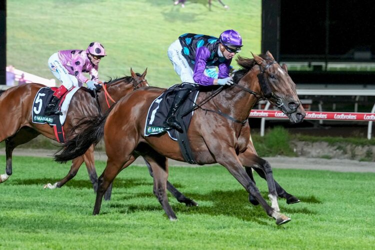 Bright Legend ridden by Jye McNeil wins the Manhari Torney Night Cup at Sportsbet Pakenham on March 06, 2026 in Pakenham, Australia. (Photo by George Sal/Racing Photos)