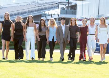 Apprentice jockey celebration evening at Flemington Racecourse on February 15, 2026 in Flemington, Australia. Apprentice jockeys, from left, Natasha McMahon, Laura Ross, Samantha Young, Maddison Marin, Isabelle Laveglia, Changgyun Ma Yu, Sarah McDonough, Tyra Dowsett, and Briony Deeker-Fraud. (Photo by Jay Town/Racing Photos)
