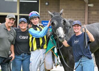 Taige Weir, fair right, with jockey Will Gotdon and connections of No Greater Vue after winning the Bakerland Maiden Plate at Colac Racecourse on March 01, 2026 in Colac, Australia. (Photo by Reg Ryan/Racing Photos)