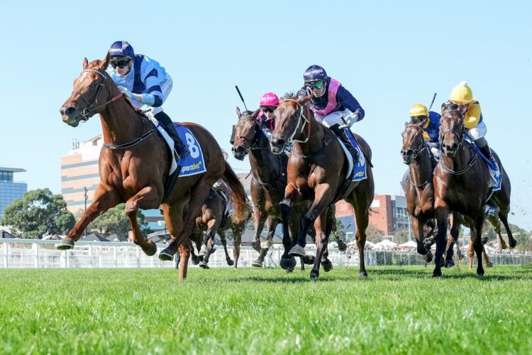 Extragalactic ridden by Luke Cartwright wins the Jack Elliott Handicap at Caulfield Racecourse on April 04, 2026 in Caulfield, Australia. (Photo by George Sal/Racing Photos)