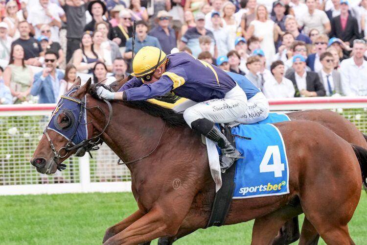 Bankers Choice (NZ) ridden by Daniel Stackhouse wins the Mornington Cup at Mornington Racecourse on April 19, 2025 in Mornington, Australia. (Photo by George Sal/Racing Photos)