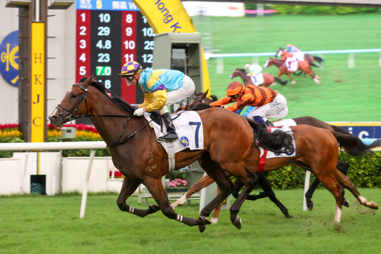 Zac Purton drives Superb Spirit to victory in the Class 4 Luk Wu Handicap, the first leg of Francis Lui’s treble [HKJC]