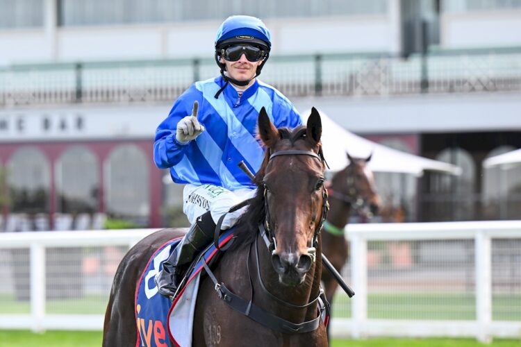Cardi Bee (NZ) ridden by Jabez Johnstone returns to the mounting yard after winning  the ive > Handicap at Caulfield Heath Racecourse on April 29, 2026 in Caulfield, Australia. (Photo by Pat Scala/Racing Photos)
