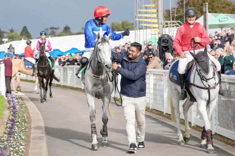 Tom Ryan returns to the mounting yard aboard The Cunning Fox (NZ) after winning the Margaret Lucas Galleywood Hurdle in 2025. (Photo by George Sal/Racing Photos)