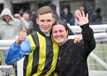 Will Gordon and Taige Weir after Kings Reflection won the Warrnambool Football Netball Club Maiden Plate at Warrnambool Racecourse on May 06, 2026 in Warrnambool, Australia. (Photo by Reg Ryan/Racing Photos)