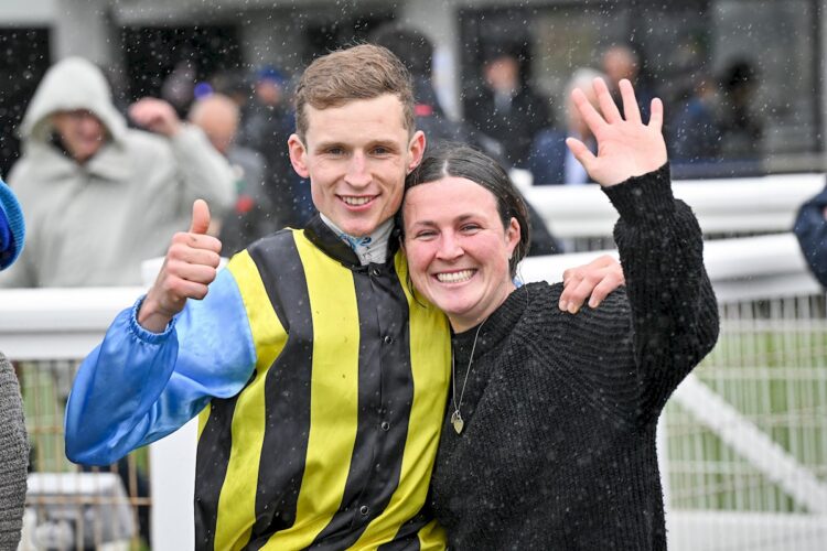 Will Gordon and Taige Weir after Kings Reflection won the Warrnambool Football Netball Club Maiden Plate at Warrnambool Racecourse on May 06, 2026 in Warrnambool, Australia. (Photo by Reg Ryan/Racing Photos)