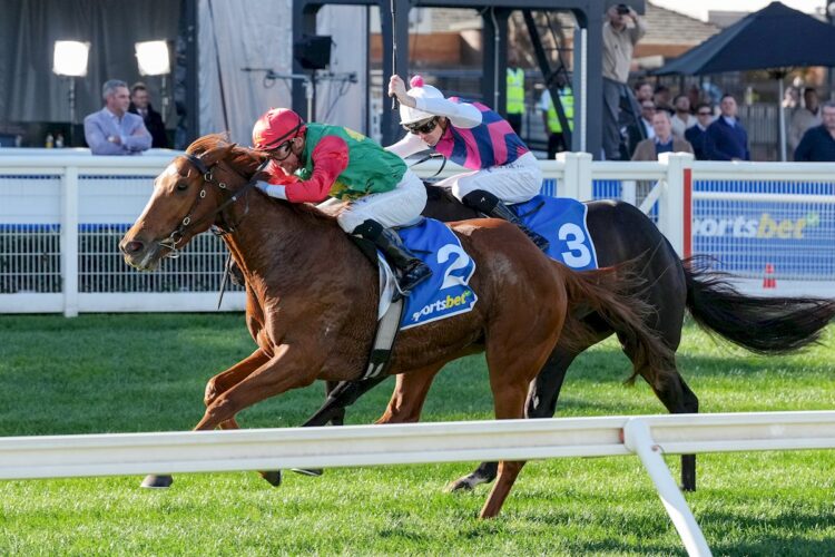Madiyya (NZ) ridden by Luke Currie wins the Rod Griffiths Handicap at Caulfield Racecourse on May 31, 2025 in Caulfield, Australia. (Photo by George Sal/Racing Photos)