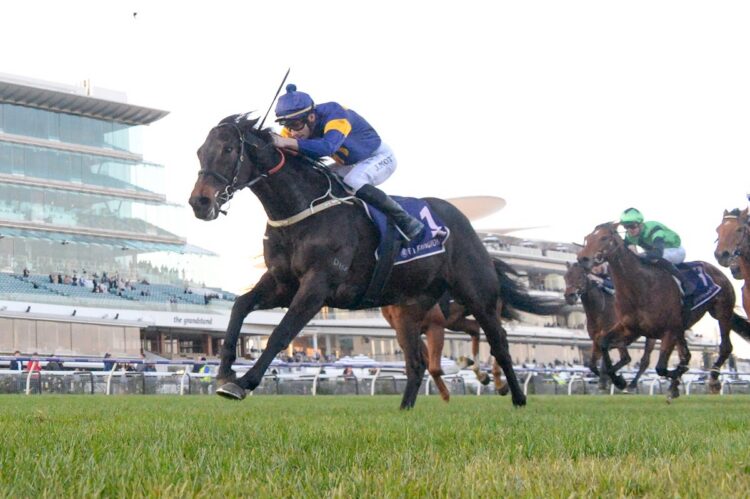 Munhamek (GB) ridden by Jamie Mott wins the VRC-CRV Winter Championship Series Final at Flemington Racecourse on July 06, 2024 in Flemington, Australia. (Photo by Brett Holburt/Racing Photos) B