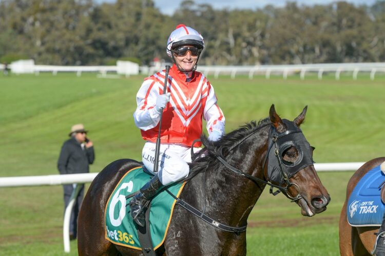 Linda Meech returns to scale on One Bound after winning the Leanne Foster Maiden Plate at Casterton Racecourse on June 07, 2026 in Casterton, Australia. (Photo by Ross Holburt/)