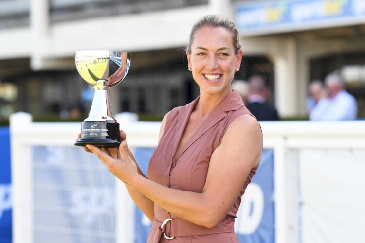 Trainer Charlotte Littlefield after her horse She's Bulletproof won the Lamaro's Hotel Geoffrey Bellmaine Stakes at Sportsbet Sandown Lakeside Racecourse on February 01, 2025 in Springvale, Australia. (Photo by Brett Holburt/Racing Photos)