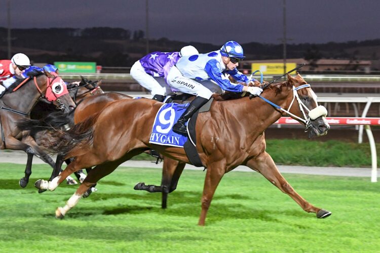 Bohemian Angel ridden by Zac Spain wins the 9Mile Fresh Handicap at Sportsbet Pakenham on February 26, 2026 in Pakenham, Australia. (Photo by Brett Holburt/Racing Photos)