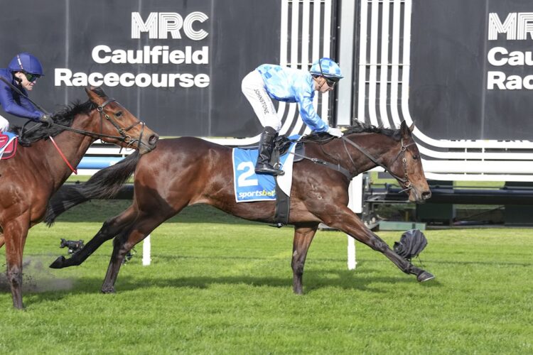 Angels Fury ridden by Jabez Johnstone wins the Sportsbet Race Previews Handicap at Caulfield Racecourse on July 11, 2026 in Caulfield, Australia. (Photo by Brett Holburt/Racing Photos)