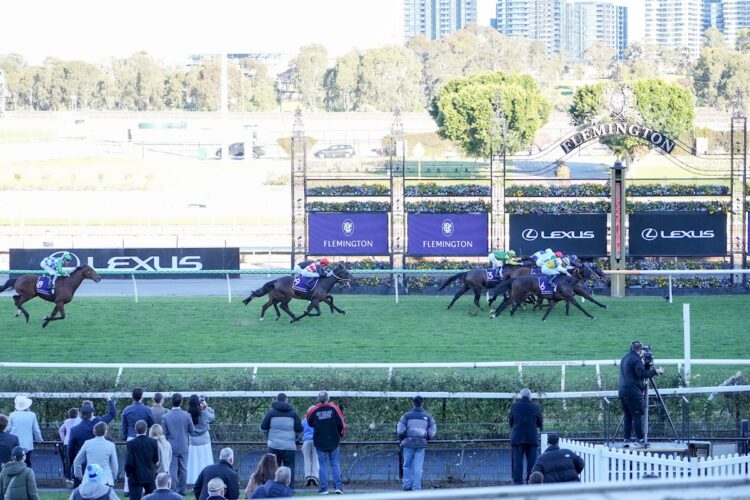 Bold Soul (NZ) ridden by Jake Noonan wins the Deane Lester Flemington Cup 1849 at Flemington Racecourse on July 18, 2026 in Flemington, Australia. (Photo by George Sal/Racing Photos)
