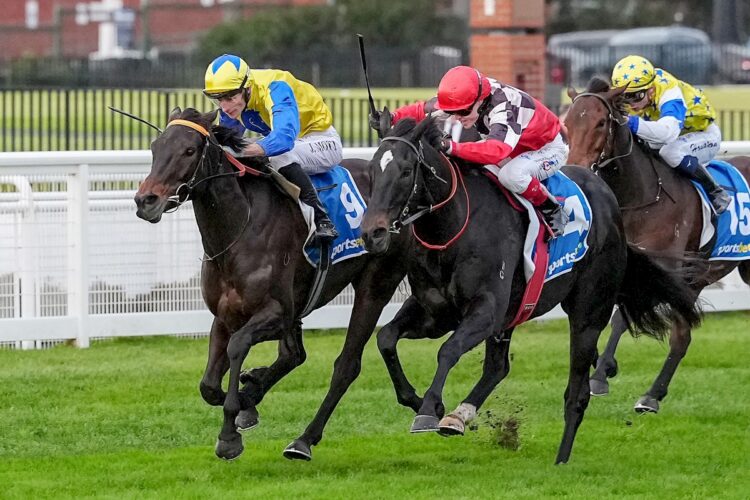 First Chorus (NZ) ridden by Jamie Mott wins the Sportsbet Same Race Multi Handicap at Caulfield Racecourse on July 11, 2026 in Caulfield, Australia. (Photo by George Sal/Racing Photos)