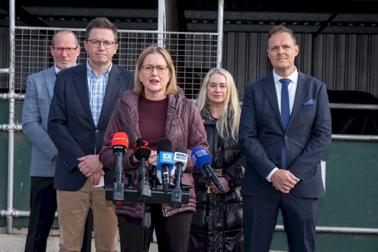 Greyhound Racing Victoria CEO, Stuart Laing; Racing Minister Anthony Carbines; Premier Jacinta Allen; Racing Victoria Director, Peita Duncan, and Racing Victoria CEO, Aaron Morrison. Victorian Racing Industry Size and Scope report announcement at Fitzsimmons Racing Stables in Bendigo Racecourse on July 22, 2026 in Bendigo, Australia. (Photo by Jay Town/Racing Photos)