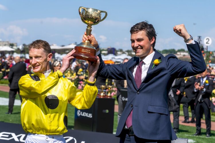 Sam Freedman with Mark Zahra after Without A Fight won the Melbourne Cup. (Credit: Racing Photos)