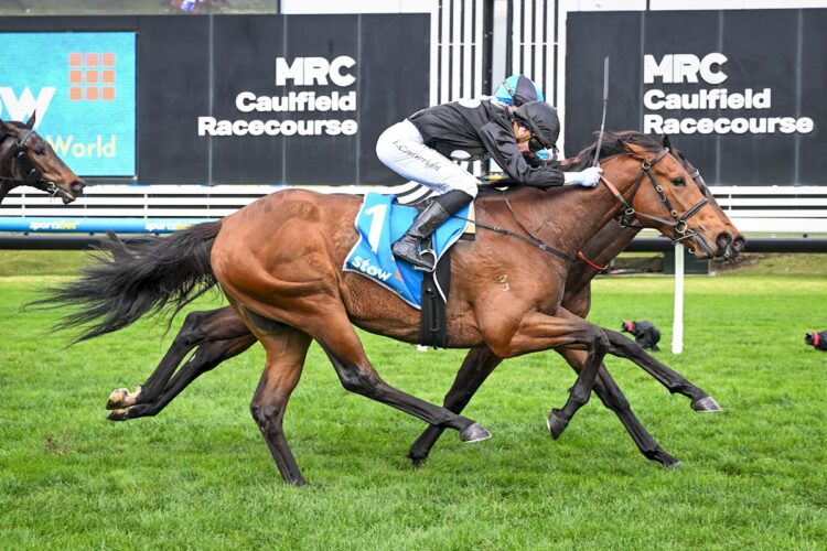 Doubt Time ridden by Luke Cartwright wins the Stow Robotics Handicap at Caulfield Racecourse on July 25, 2026 in Caulfield, Australia. (Photo by Reg Ryan/Racing Photos)