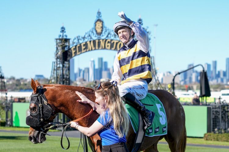 Blake Shinn returns to the mounting yard aboard Nearco Frod (FR) after winning the TAB We're On at Flemington Racecourse on August 01, 2026 in Flemington, Australia. (Photo by George Sal/Racing Photos)