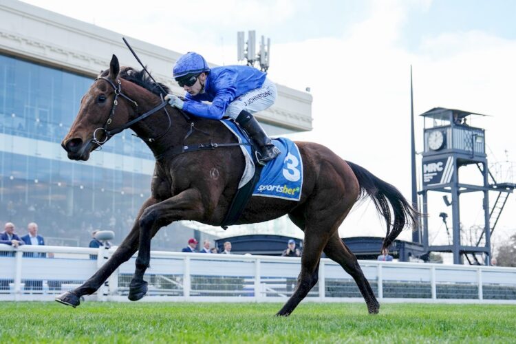 Custom ridden by Jabez Johnstone wins the Sportsbet Fixed Odds Exotics Handicap at Caulfield Racecourse on July 25, 2026 in Caulfield, Australia. (Photo by George Sal/Racing Photos)