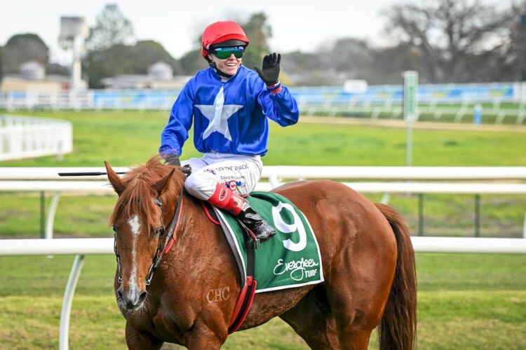 Craig Williams returns to the mounting yard on Shadhavar after winning the Evergreen Turf Regal Roller Stakes at Caulfield Racecourse on August 15, 2026 in Caulfield, Australia. (Photo by Reg Ryan/Racing Photos)