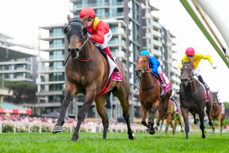 Beast Mode ridden by Craig Williams wins the Strathmore Community Bendigo Bank Imperatriz Sprint at Moonee Valley Racecourse on October 25, 2025 in Moonee Ponds, Australia. (Photo by Scott Barbour/Racing Photos)