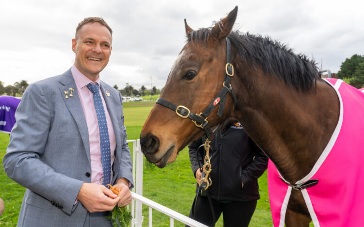 The 2025 Spring Racing Carnival Preview at Greenfields on October 02, 2025 in Albert Park, Australia. Racing Victoria CEO Aaron Morrison with Prince of Penzance. (Photo by Jay Town/Racing Photos)