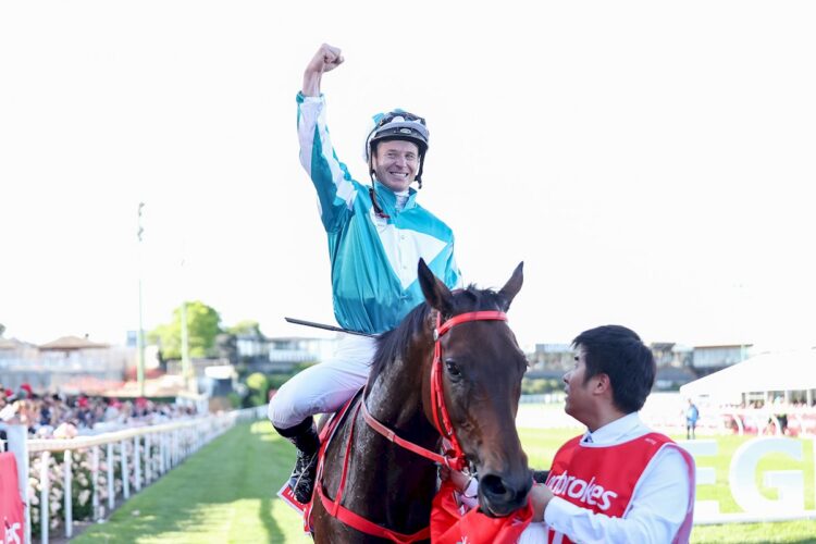 James McDonald returns to the mounting yard aboard Romantic Warrior (IRE) after winning the Ladbrokes Cox Plate at Moonee Valley Racecourse on October 28, 2023 in Moonee Ponds, Australia. (Photo by George Sal/Racing Photos)