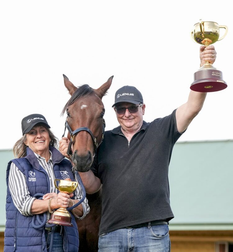 Melbourne Cup Winner Knights Choice with Sheila Laxon and John Symons at Macedon Lodge on November 06, 2024 in Mount Macedon, Australia. (Photo by George Sal/Racing Photos)
