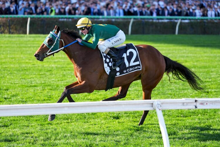 Sheza Alibi ridden by Luke Nolen wins the Crown Makybe Diva Stakes at Flemington Racecourse on September 12, 2026 in Flemington, Australia. (Photo by George Sal/Racing Photos)