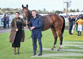Clayton Douglas with Mr Waterville (IRE) after winning the John Rule Champion Novice Hurdle at Warrnambool Racecourse on May 07, 2026 in Warrnambool, Australia. (Photo by Reg Ryan/Racing Photos)